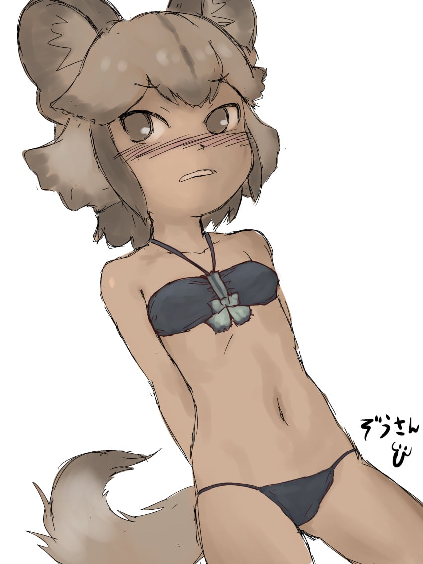 african_wild_dog_(kemono_friends) animal_ear_fluff animal_ears arms_behind_back between_legs bikini blush breasts brown_eyes clothing cowboy_shot dark_blue_bikini dog_girl dog_tail extra_ears eyebrows_visible_through_hair female female_only hand_between_legs high_resolution inumimi kemono_friends looking_to_the_side masuyama_ryou multicolored_hair navel short_hair sidelocks simple_background small_breasts solo solo_female standing swimsuit tail very_high_resolution white_background