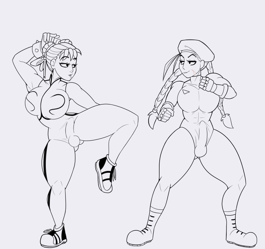 2futas balls big_breasts big_penis breasts bulge cammy_white capcom chun-li clothed clothing duo erection fighting_stance fully_clothed futa_on_futa futa_only futanari human line_art monochrome penis skelebunz standing street_fighter street_fighter_alpha street_fighter_ii thick_thighs tight_fit