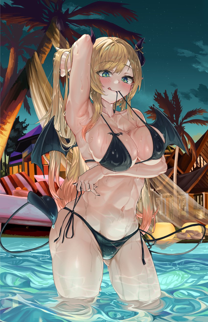 1girls 2022 :q absurdres arm_up armpits bangs bare_shoulders bikini bikini_in_mouth black_nails blonde_hair blush breast_hold breast_tattoo breasts bust_cup cleavage covered_nipples cowboy_shot demon_horns demon_tail demon_wings female female_focus female_only green_eyes halterneck hand_in_own_hair highres hololive hololive_gen_2 hololive_japan horns large_breasts long_hair looking_at_viewer mouth_hold multicolored_hair nail_polish navel night night_sky palm_tree pink_hair pointy_ears pool side-tie_bikini sky snarkhunt solo solo_female standing star_(sky) stomach streaked_hair string_bikini succubus swimsuit tail tattoo tongue tongue_out tree very_long_hair virtual_youtuber wading water wet wings yuzuki_choco