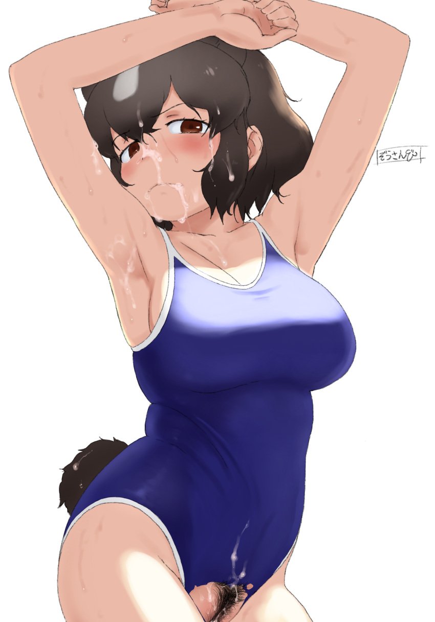 after_fellatio animal_ears armpits arms_up bear_ears bear_girl bear_tail black_hair breasts brown_bear_(kemono_friends) brown_eyes cleft_of_venus closed_mouth clothing crotchless crotchless_swimsuit extra_ears eyebrows_visible_through_hair facial female female_only female_pubic_hair female_solo grey_hair hair_between_eyes half-closed_eyes high_resolution kemono_friends masuyama_ryou medium_breasts medium_hair multicolored_hair one-piece_swimsuit pubic_hair semen semen_in_mouth semen_on_body semen_on_clothes semen_on_hair semen_on_lower_body semen_on_upper_body sidelocks simple_background skindentation solo swimsuit tail third-party_edit torn_clothes torn_swimsuit two-tone_hair upper_body white_background