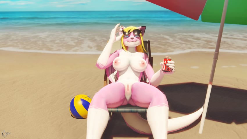 16:9 2022 3d_(artwork) 5_toes accessory anthro arms_bent ball beach beach_chair beach_umbrella bent_leg bent_legs big_breasts black_claws black_nose blender_(software) blonde_hair blue_eyes breasts canid canine canis claws coca-cola digital_media_(artwork) dragon eyewear eyewear_on_head feet female front_view fur furniture furry furry_only genitals hair hi_res horn humanoid_genitalia hybrid inviting k'joor_(artist) looking_at_viewer mammal markings nipples nude pink_body pink_fur presenting presenting_breasts presenting_pussy pussy roketchu sea seaside signature simple_background smile smiling_at_viewer solo spread_legs spreading straw sunglasses sunglasses_on_head tail tail_aside toes umbrella water watermark white_body white_fur widescreen wings wolf