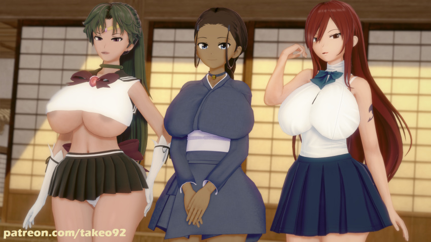 3d 3d_(artwork) 3girls areola_slip areolae avatar_the_last_airbender big_ass big_breasts bishoujo_senshi_sailor_moon blue_eyes breasts_bigger_than_head brown_eyes brown_hair clothing crop_top crossover curvaceous curvy dark-skinned_female erect_nipples erza_scarlet fairy_tail female female_only green_hair huge_ass huge_breasts japanese_clothes katara koikatsu large_ass large_breasts long_hair looking_at_viewer mature_female microskirt milf miniskirt nipples_visible_through_clothing open_mouth panties pinup ponytail purple_eyes red_hair ribbon sailor_collar sailor_pluto seductive seductive_look setsuna_meiou skimpy skimpy_clothes skirt standing sunset takeo92 tattoo text thick thick_thighs underboob very_long_hair voluptuous wide_hips