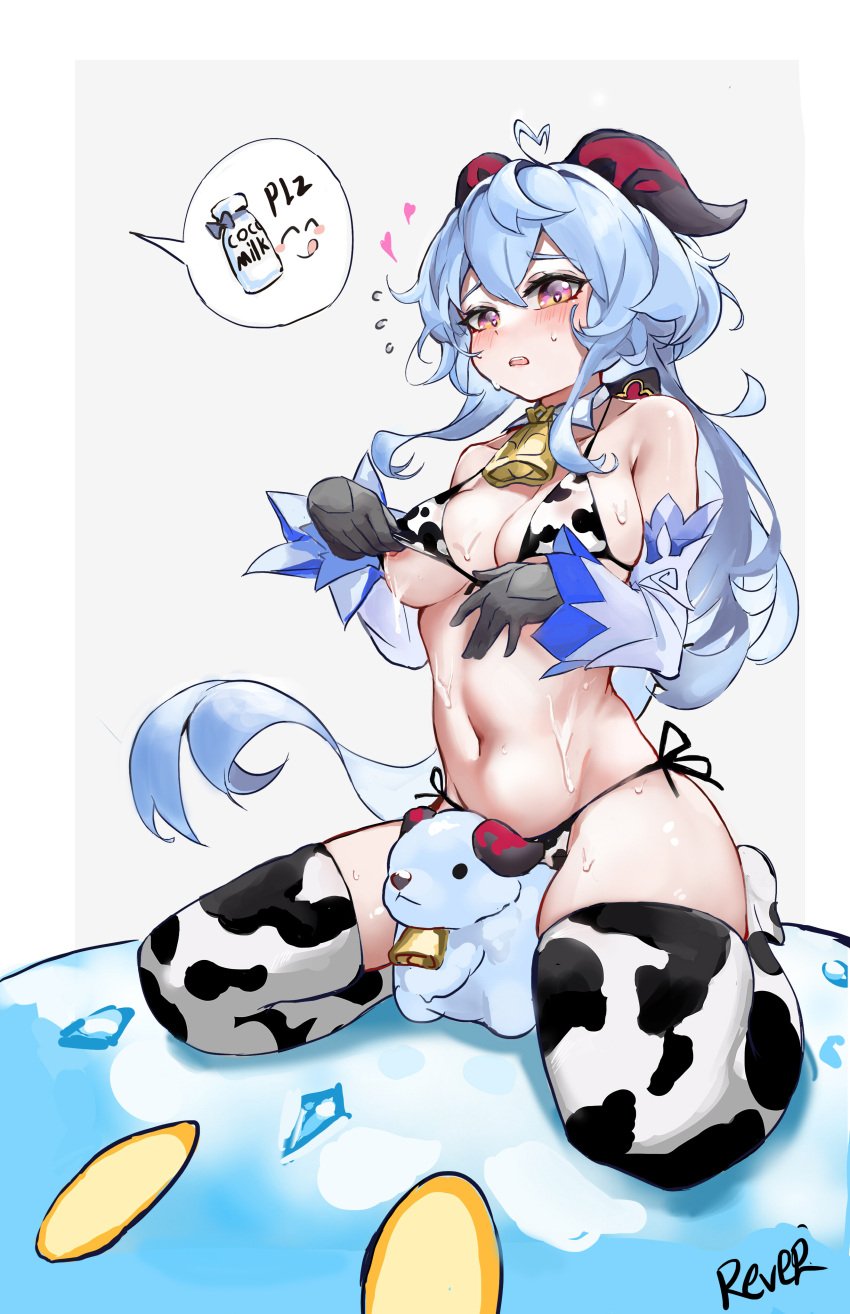 absurdres ahoge animal_print areola_slip artist_name bangs bell bikini black_gloves blue_hair blush breasts cow_print detached_sleeves female flying_sweatdrops ganyu_(genshin_impact) genshin_impact gloves goat_horns heart heart-shaped_pupils highres horns long_hair looking_at_viewer low_ponytail medium_breasts navel neck_bell nipples open_mouth purple_eyes rever sidelocks sitting slime_(genshin_impact) sweat swimsuit symbol-shaped_pupils thighhighs wariza white_sleeves