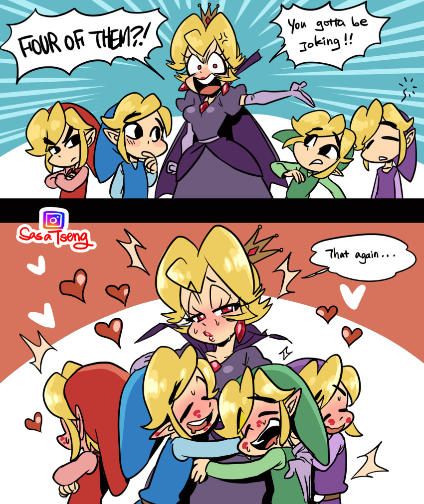 2koma 4boys angry big_breasts clothing comic english_text female four_swords hug human link lipstick_mark lots_of_lipstick_marks male mario_(series) pale_skin paper_mario paper_mario:_the_thousand-year_door pluramemo polyamory polygamy princess_peach sasatseng shadow_queen text the_legend_of_zelda toon_link