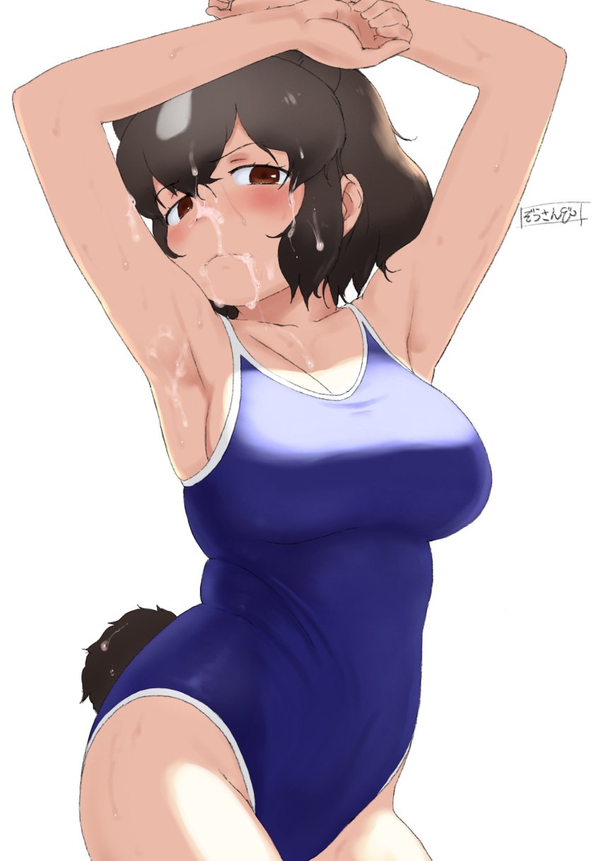 after_fellatio animal_ears armpits arms_up bear_ears bear_girl bear_tail black_hair breasts brown_bear_(kemono_friends) brown_eyes closed_mouth clothing extra_ears eyebrows_visible_through_hair facial female female_only grey_hair hair_between_eyes half-closed_eyes high_resolution kemono_friends masuyama_ryou medium_breasts medium_hair multicolored_hair one-piece_swimsuit semen semen_in_mouth semen_on_body semen_on_lower_body sidelocks simple_background skindentation solo solo_female swimsuit tail third-party_edit two-tone_hair upper_body white_background