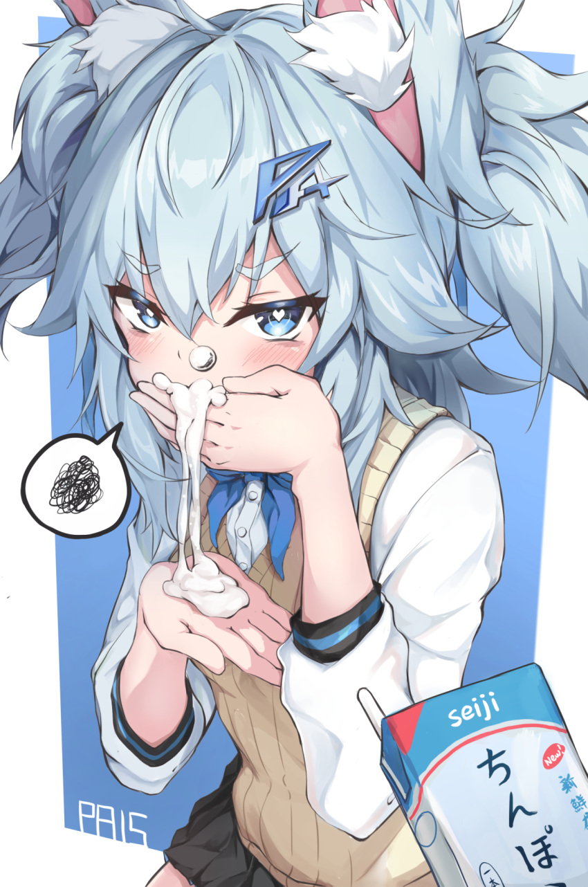 1girls alternate_version_available angry animal_ear_fluff animal_ears bangs blue_background blue_bow blue_eyes blue_hair blue_neckwear blush bow bubble cat_ears covering_mouth dress_shirt eyebrows_visible_through_hair female fluffy_ears fully_clothed girls'_frontline hair_between_eyes hair_ornament heart heart-shaped_pupils highres ky_(ky990533) light_blue_hair long_sleeves looking_at_viewer mouthful nose_bubble official_alternate_costume pa-15_(girls'_frontline) pleated_skirt pulque short_hair signature skirt solo solo_female solo_focus spoken_squiggle squiggle suggestive_fluid sweater_vest two-tone_background two_side_up watermark white_background white_shirt