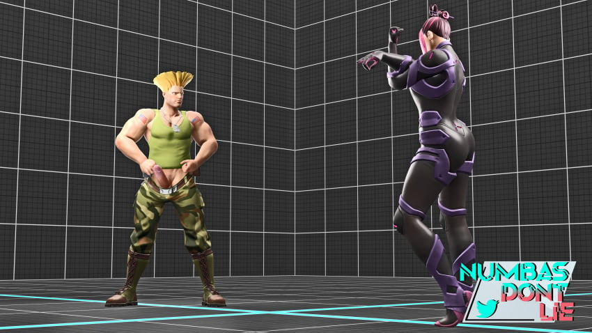 1boy 1girls 3d adira_(fortnite) capcom crossover female fighting_game fortnite guile male sex straight street_fighter street_fighter_iv thenumbersdon'tlie training_stage