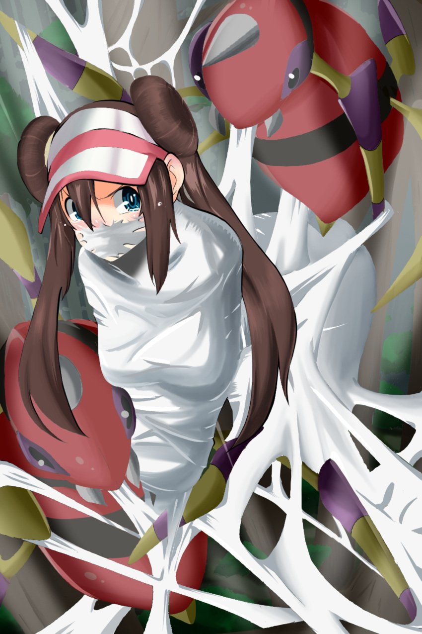 1girls angry ariados blue_eyes bondage bound brown_hair cap cocoon cocooned double_bun gag gagged gpen hair_between_eyes hat hi_res long_hair looking_at_viewer mummification nintendo pokemon pokemon_bw2 restrained rosa_(pokemon) spider spider_web tearing_up tied tied_up twintails v-shaped_eyebrows visor_cap web web_bondage web_gag