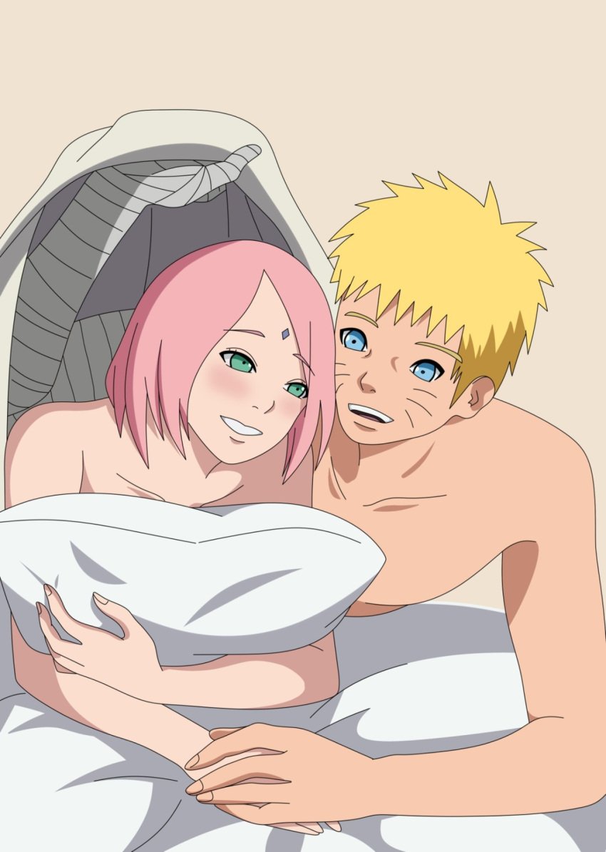 1boy 1boy1girl 1girls after_sex bandaged_arm bandages blonde_hair blue_eyes blush boruto:_naruto_next_generations couple cuddling green_eyes holding_hands iharuluna_(artist) in_love long_hair looking_at_another looking_at_partner lying_on_bed lying_on_stomach male/female naked naruto naruto_(series) on_bed on_stomach pillow pink_hair romantic romantic_couple sakura_haruno short_hair smile smiling_at_another straight under_covers uzumaki_naruto