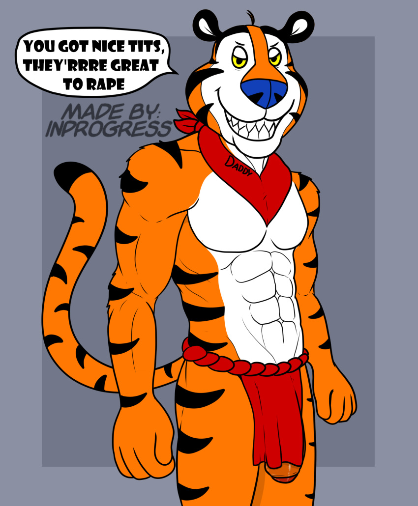 abs anthro bottomwear clothing daddy_kink dialogue english_text evil_grin felid flaccid frosted_flakes genitals hi_res inprogress kellogg's loincloth male male_only mammal mascot muscular muscular_male pantherine penis smile solo stripes text tiger tony_the_tiger