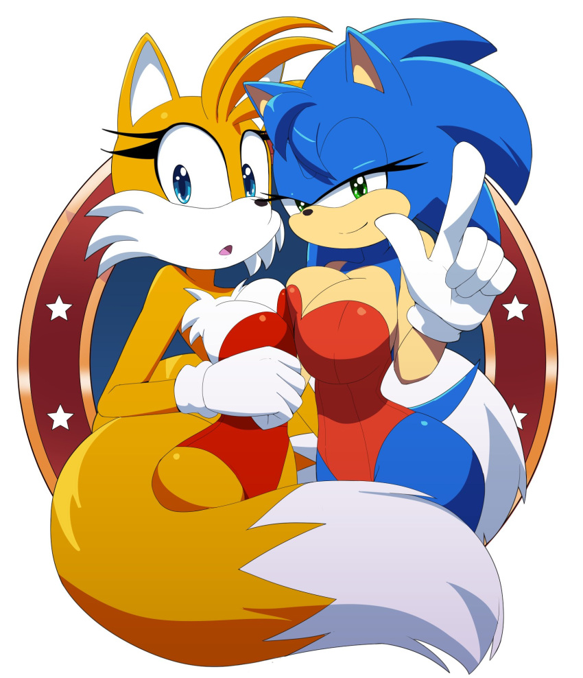 2girls anthro big_breasts breasts bunnysuit cleavage female fox furry hedgehog huge_breasts kojiro-brushard linegutter looking_at_viewer red_bunnysuit rule_63 sega sonic_(series) sonic_the_hedgehog sonic_the_hedgehog_(series) tagme tails thick_thighs yuri