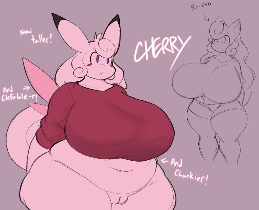 anthro belly big_belly big_breasts bottomless bottomwear breasts cherry_(xytora) clefable clefairy clothed clothing dipstick_ears english_text exclamation_point female genitals hair hi_res huge_breasts huge_hips huge_thighs long_hair multicolored_ears navel nintendo overweight overweight_anthro overweight_female pink_body pink_hair pokémon_(species) pokemon purple_eyes pussy shirt shorts solo text thick_thighs topwear video_games wide_hips xytora