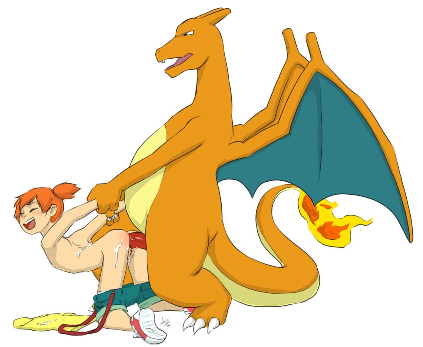 anal anal_sex anus aogami blue_shorts breasts charizard cum_on_ass cum_on_back cum_on_body fire fire_tail holding_arms_back kasumi_(pokemon) misty_(pokemon) nipples orange_hair pokemon pokemon_(species) pokephilia shoes topless vagina yellow_shirt