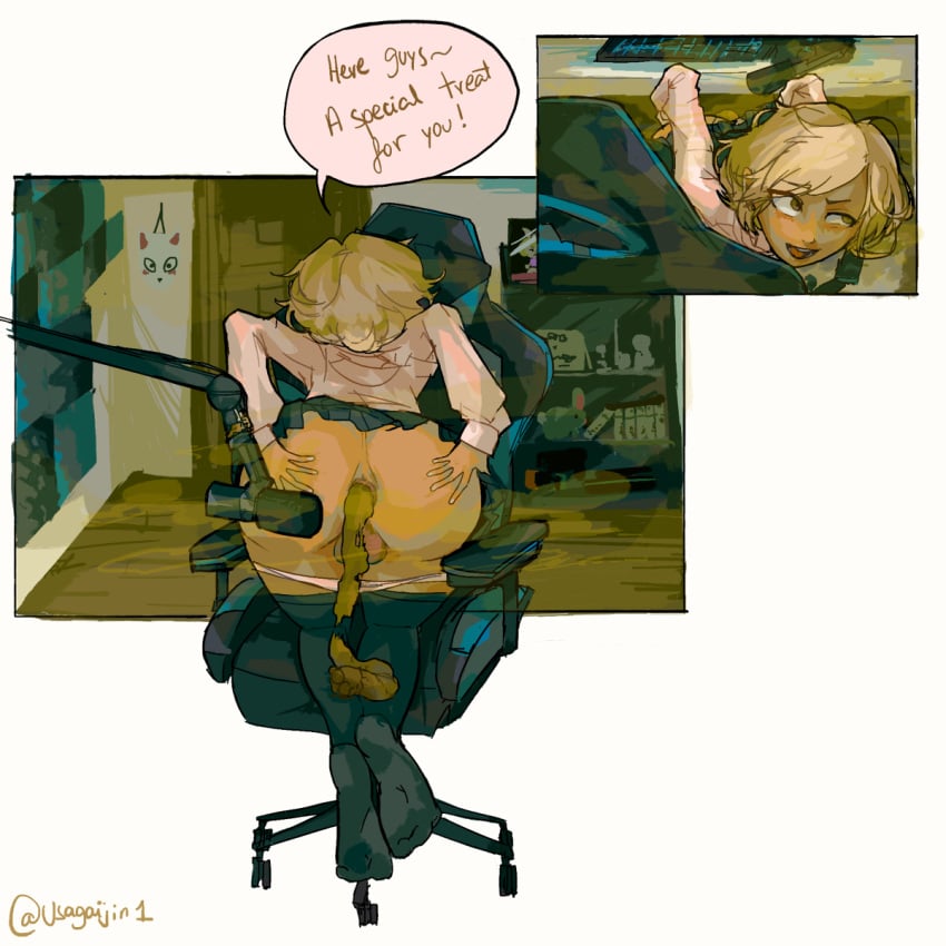 1boy balls femboy gaming_chair male_only scat shitting skirt skirt_lift usagaijin yaoi