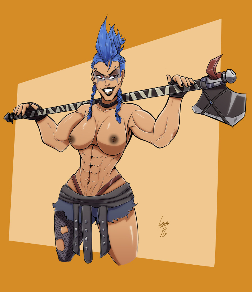 1girls 2d blue_hair breasts female female_only junker_queen loganpg34 nude_female overwatch overwatch_2 red_eyes solo solo_female