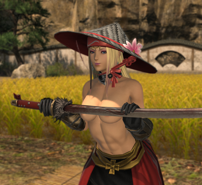 1girls 3d abs audrey_dupont blonde_female blonde_hair blue_eyes clothing convenient_censoring female female_only final_fantasy final_fantasy_xiv gloves gpose(ffxiv) hat headwear holding_weapon hyur katana large_breasts light-skinned_female long_hair looking_at_viewer makeup navel original_character outside pink_highlights pink_lipstick solo sword topless topless_female weapon