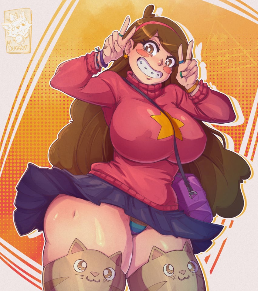 1girls 2022 absurd_res aged_up bracelet braces brown_eyes brown_hair cat_thighighs color digital_media_(artwork) disney gravity_falls huge_breasts mabel_pines mr.deathcat panties rainbow_panties ring skirt skirt_lift smile sweater thick thick_thighs thighhighs