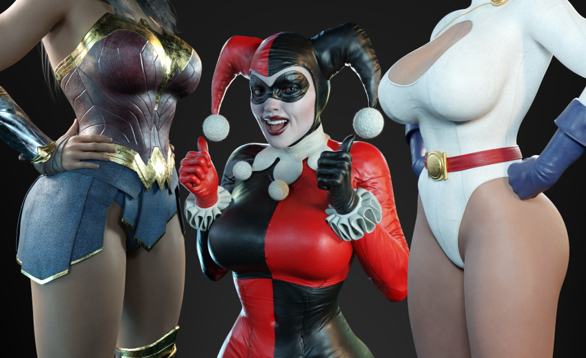 3d 3d_(artwork) 3girls batman:_arkham_knight batman_(series) big_breasts blender_(software) boob_window cleavage_cutout dc dc_comics diana_prince female female_only fully_clothed harley_quinn harley_quinn_(classic) harley_quinn_(injustice) injustice_2 kara_zor-el kara_zor-l power_girl power_girl_(injustice) smitty34 superheroine superman_(series) tagme thumbs_up villain wonder_woman wonder_woman_(injustice) wonder_woman_(series)