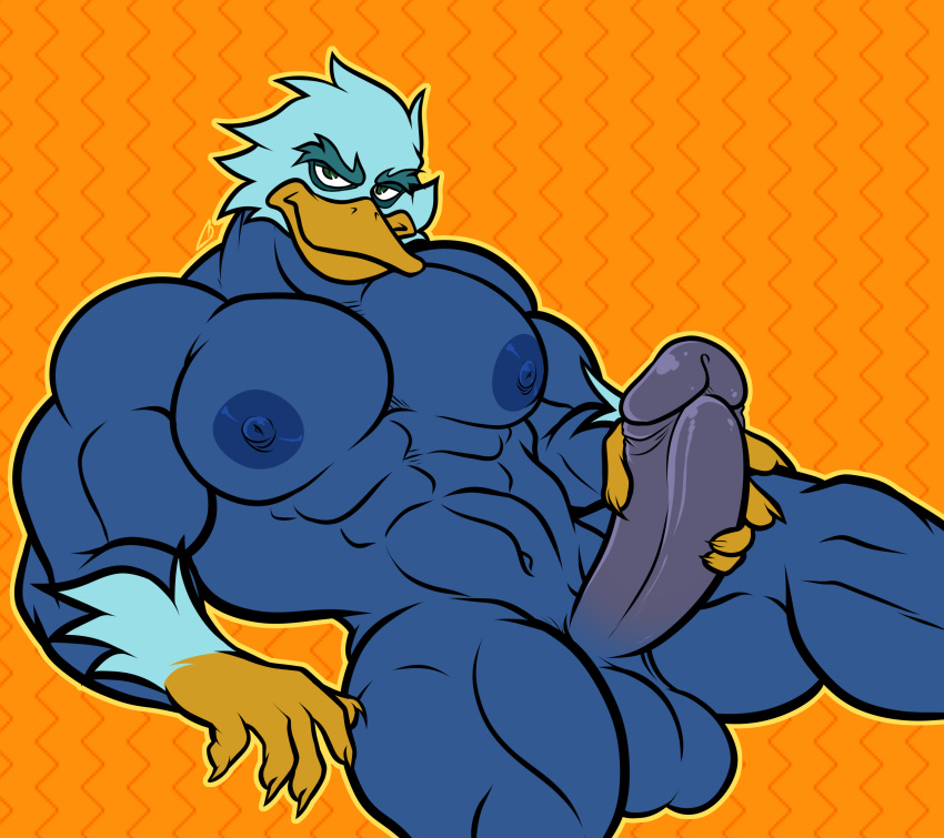 absurd_res albertcrow anatid anseriform anthro antidaeon ass avian balls beak big_butt big_pecs big_penis bird black_body black_feathers blue_body blue_feathers chaotic duck erection feathers genitals hi_res humanoid_genitalia humanoid_penis male male_only manly muscular muscular_anthro muscular_male nipples nude pecs penis pinup pose solo solo_male yellow_beak