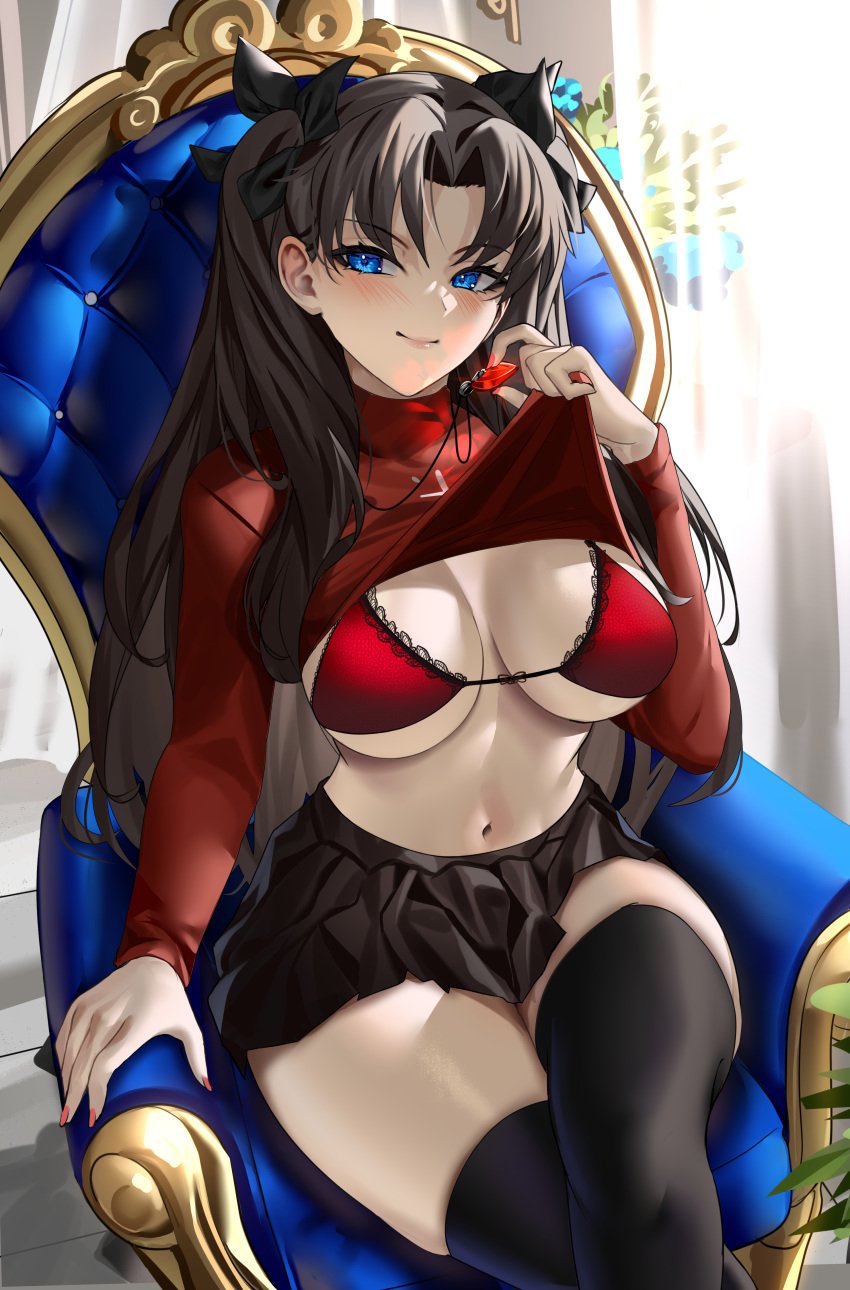 1girls 2022 absurd_res alternate_breast_size blue_eyes bra breasts brown_hair clothed clothed_female enmanuelart20 fate/stay_night fate_(series) female female_only hips huge_breasts looking_at_viewer red_bra short_skirt skirt slim_waist solo thick_thighs thighhighs thighs tohsaka_rin top_lift twintails wide_hips