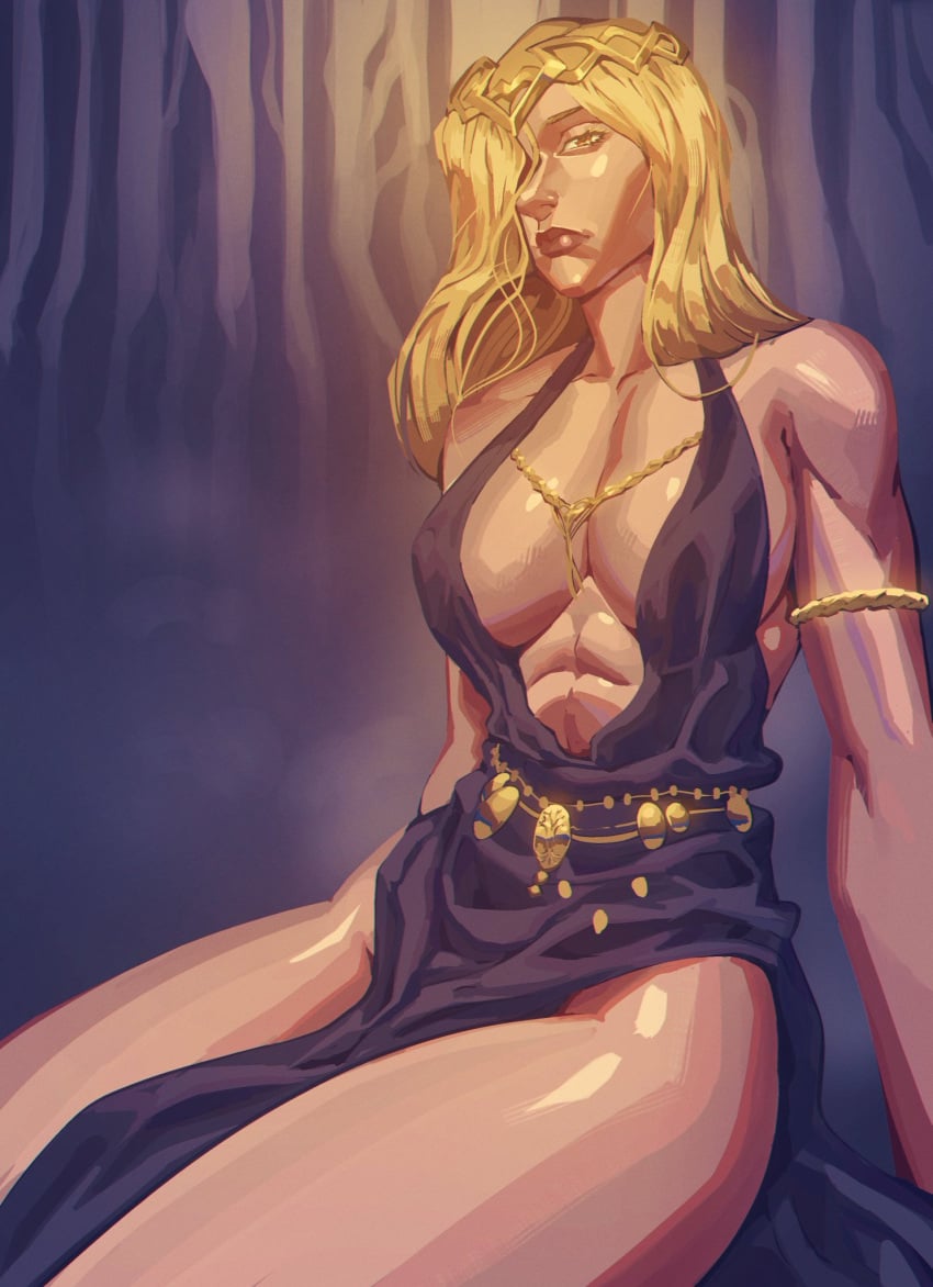 1girls abs armband big_ass blonde_hair circlet cleavage crown dress elden_ring female female_only fromsoftware goddess gold_(metal) light-skinned_female milf muscular_female queen_marika_the_eternal solo thick_thighs vinegarandsoda