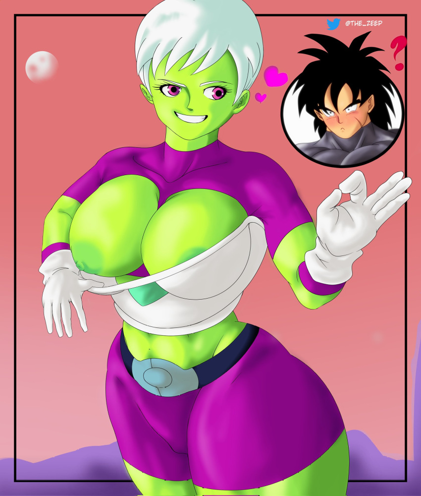 alien_girl battle_armor big_areola big_ass big_breasts big_butt breasts_out broly broly_(dragon_ball_super) bubble_ass bubble_butt cheelai dragon_ball dragon_ball_super elastic_armor green_body nipples purple_eyes short_hair showing_breasts the_zeep torn_clothes torn_clothing white_hair