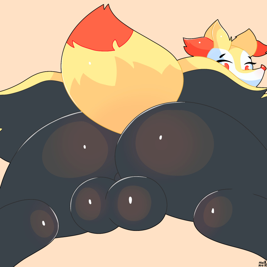 ass backsack balls big_butt black_body black_fur black_skin braixen canid canine eyelashes femboy fur genitals hi_res inner_ear_fluff looking_at_viewer looking_back lying male male_only mammal multicolored_body multicolored_fur nintendo noirnoir nude on_front perineum pokémon_(species) pokemon pokemon_(species) raised_tail red_body red_eyes red_fur red_nose solo thick_thighs tuft video_games yellow_body yellow_fur