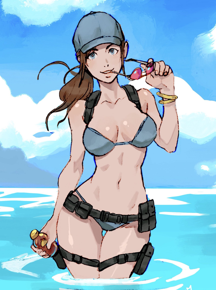 1girls absolum beach belt bikini blue_bikini blue_eyes bracelet breasts brown_hair capcom cute eyewear_removed hat jill_valentine jill_valentine_(julia_voth) legs long_hair looking_at_viewer lost_in_nightmares midriff pale-skinned_female ponytail resident_evil resident_evil_5 smile solo sunglasses sunglasses_removed sunscreen tight_bikini utility_belt