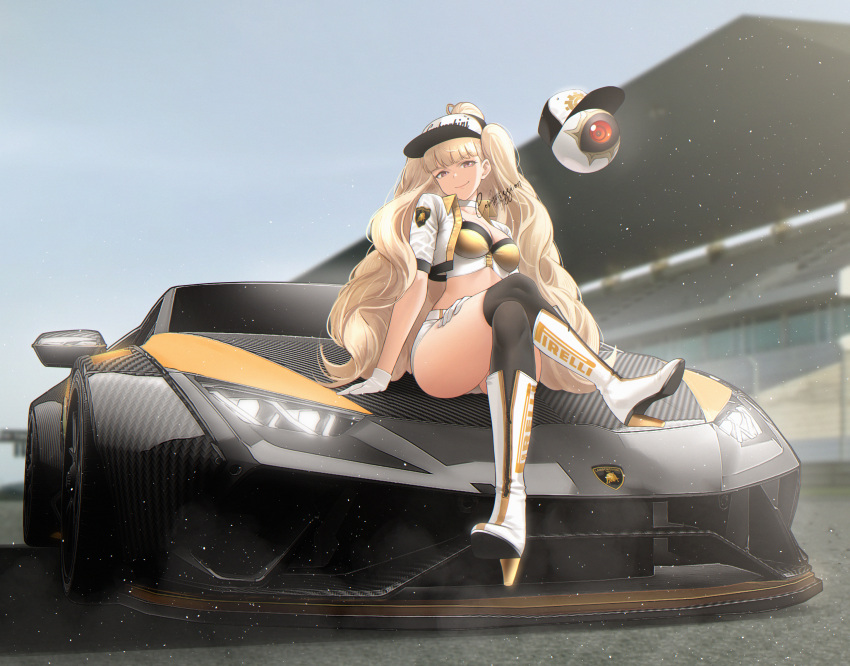 1girls ass big_ass black_legwear blonde_hair blue_sky boots car closed_mouth commentary crossed_legs eitri_(fire_emblem) english_commentary female female_only fire_emblem fire_emblem_heroes full_body gloves ground_vehicle highres lamborghini long_hair looking_at_viewer motor_vehicle nintendo outdoors panties pantyshot pirelli race_queen shizuko_hideyoshi short_sleeves sitting_on_car sky smile solo thighs twintails underwear upskirt visor_cap white_footwear white_gloves white_headwear white_panties