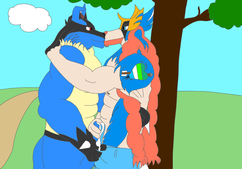 abs anthro barazoku beige_paws big_bulge black_body black_fur black_paws blue_body blue_bottomwear blue_clothing blue_eyes blue_fur blue_gym_shorts blue_shorts blue_tail bodily_fluids bottomwear bulge bulge_fondling bulge_frottage bulge_grab canid canine canis clothing crowned_sword_zacian cum cum_in_clothing cum_through_clothing cum_through_pants curled_hair cutoffs denim denim_clothing duo frottage fur gay genital_fluids gym_bottomwear gym_clothing gym_shorts hair hi_res jackal kissing legendary_pokémon long_hair lucario male male/male mammal manly muscular muscular_arms nintendo park pecs plant pokemon pokemon_(species) red_eyes romantic romantic_couple sex shorts tattoo tree video_games wet wet_clothing wolf yellow_body yellow_fur zacian