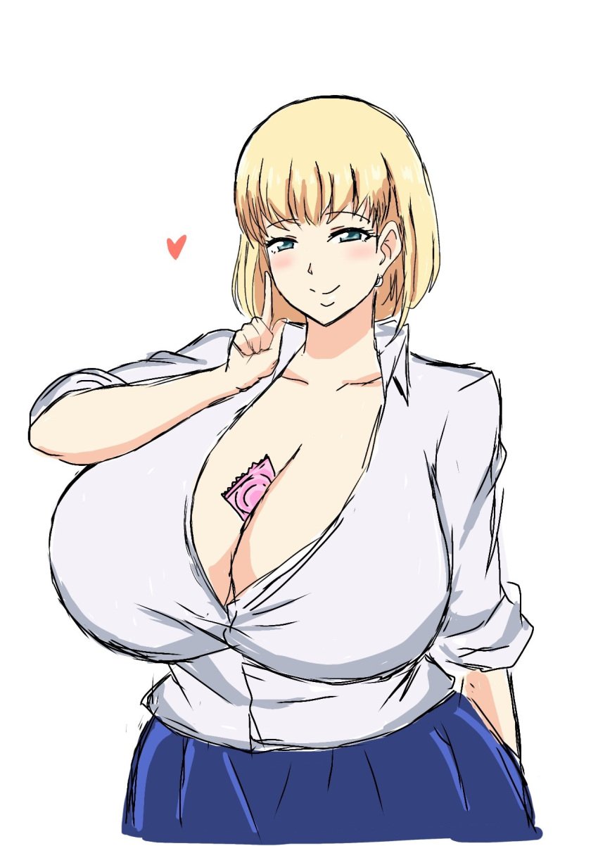 1girls big_breasts blonde_hair blush breasts clothed clothed_female condom condom_between_breasts enormous_breasts female female_only giant_breasts gigantic_breasts hajimete_no_hitozuma huge_breasts kawai_satomi_(hajimete_no_hitozuma) large_breasts massive_breasts momiji_(artist) short_hair simple_background solo solo_female white_background