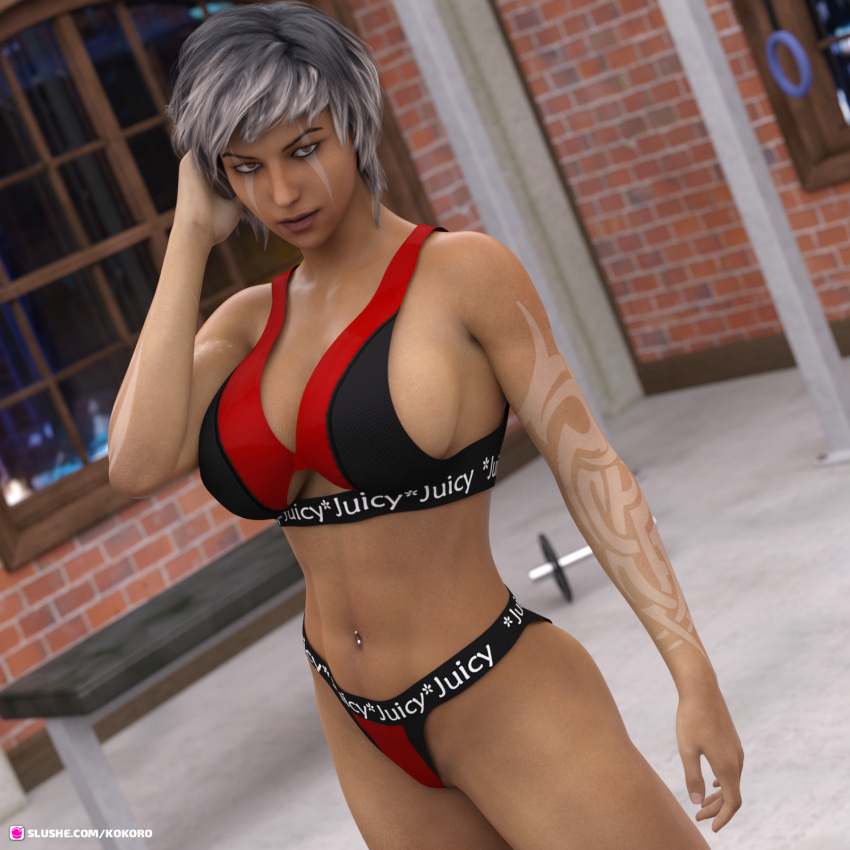 1girls 2020 3d clothed clothing dark-skinned_female dark_skin depth_of_field english_text female female_only gray_hair grey_hair gym indoors kokoro3dx kokoro_(artist) kokoro_(kokoro3dx) large_breasts looking_at_viewer markings navel_piercing original original_character pinup slushe_(website) solo solo_female standing white_hair