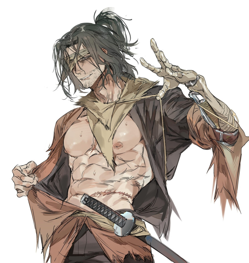 34am abs big_pecs dark_hair eye_patch facial_hair fromsoftware japanese_clothes katana looking_at_viewer male male_only messy_hair muscular muscular_male ninja open_clothes pecs prosthetic prosthetic_arm scar scars sekiro sekiro:_shadows_die_twice smile solo stubble tied_hair