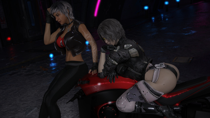 2020 2girls 3d abs clothed clothing dark-skinned_female dark_skin female female_only glowing_eyes kokoro3dx kokoro_(artist) kokoro_(kokoro3dx) large_breasts markings motorcycle multiple_girls navel_piercing original original_character original_characters outdoor outdoors outside pale-skinned_female pale_skin public slushe_(website) tamara_(kokoro3dx)