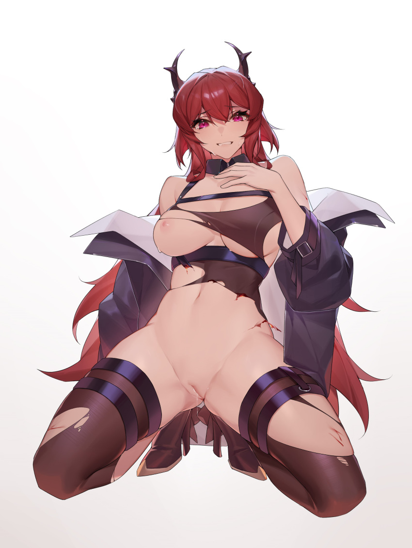 absurdres arknights black_dress black_jacket black_legwear blood breasts darling0221 dress female hand_up highres injury jacket large_breasts long_sleeves looking_at_viewer navel nipples off_shoulder open_clothes open_jacket parted_lips pussy pussy_juice red_eyes red_hair simple_background solo surtr_(arknights) sweat thighhighs torn_clothes torn_dress torn_legwear white_background