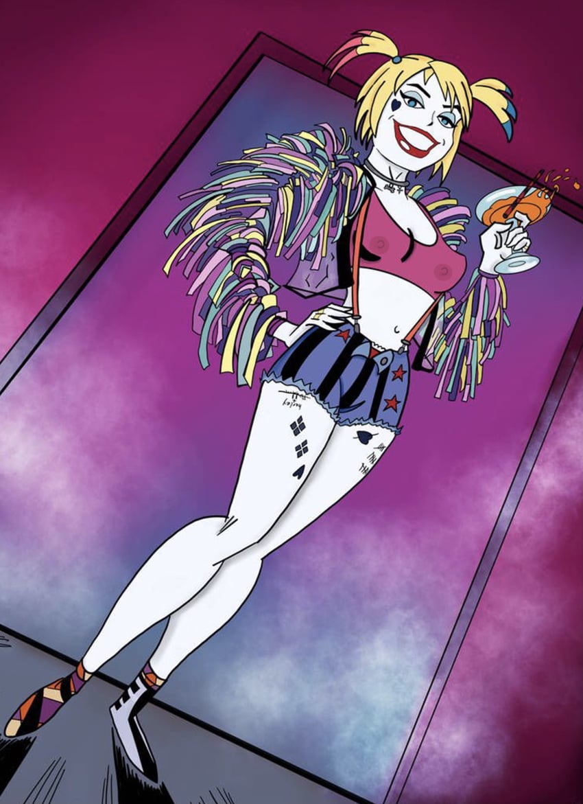 1girls batman:_the_animated_series batman_(series) belly_button blonde_hair bra breasts collar crop_top dc dc_comics drink exposed_panties harley_quinn high_top_sneakers holding_drink jacket lace-trimmed_panties legs lipstick makeup midriff mischievous mischievous_smile nipples nipples_visible_through_clothing pale-skinned_female panties panties_peek panties_showing perky_breasts pink_bra pink_panties pink_topwear see-through see-through_bra see-through_clothing see-through_top shoes short_hair short_shorts slutty_outfit smile smiling sports_bra suspenders tattoo tattoos transparent_clothing twintails underwear underwear_exposed unknown_artist white_skin