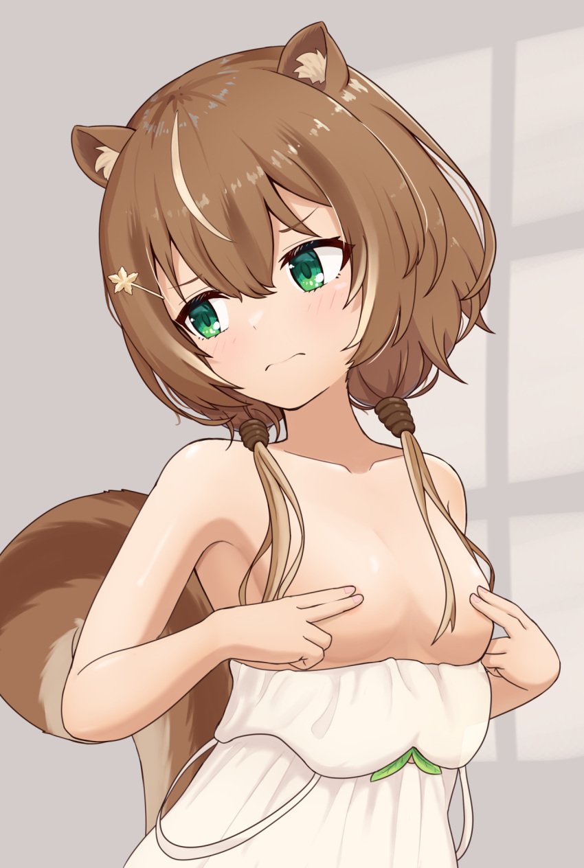 animal_ear_fluff animal_ears ayunda_risu blush breasts brown_hair cleavage clothes_pull covering_nipples dress dress_pull eyebrows_visible_through_hair eyes_visible_through_hair female green_eyes hair_ornament hair_over_shoulder hands_on_own_chest highres hololive hololive_indonesia hololive_indonesia_area_15 leaf_hair_ornament looking_to_the_side low_twintails medium_breasts multicolored_hair sleeveless sleeveless_dress spaghetti_strap squirrel_ears squirrel_girl squirrel_tail tail telomere twintails two-tone_hair virtual_youtuber white_dress window_shade