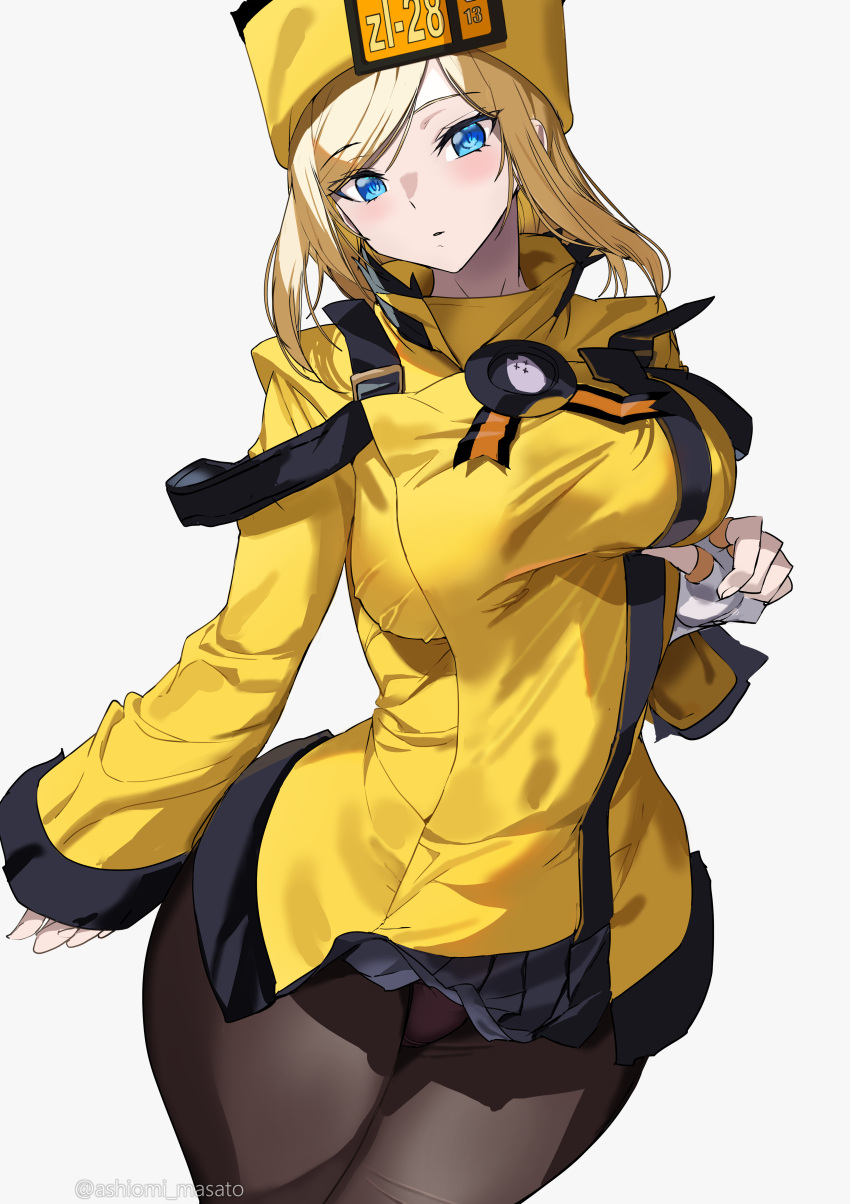 2022 ashiomi_masato blonde_hair blue_eyes fingerless_gloves gloves guilty_gear hat looking_at_viewer millia_rage panties panties_under_pantyhose pantyhose pink_panties short_hair skirt skirt_lift standing tagme thick_thighs thighs uniform