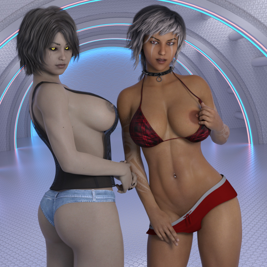 2020 2girls 3d abs bikini_top bikini_top_aside bikini_top_lift collar dark-skinned_female dark_skin female female_only flashing flashing_breasts front_view glowing_eyes gray_hair grey_body grey_hair grey_skin grey_skin kokoro3dx kokoro_(artist) kokoro_(kokoro3dx) looking_at_viewer multiple_girls navel_piercing orange_eyes original original_character original_characters pale-skinned_female pale_skin side_view slushe_(website) spiked_collar standing tamara_(kokoro3dx) white_eyes white_hair