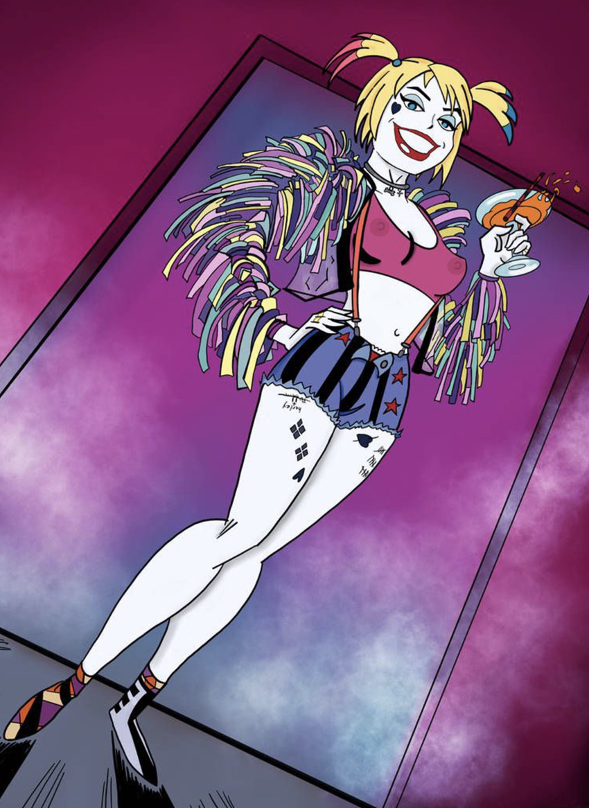 1girls batman:_the_animated_series batman_(series) belly_button blonde_hair bra breasts collar crop_top dc dc_comics dc_extended_universe drink edit exposed_panties harley_quinn high_top_sneakers holding_drink jacket lace-trimmed_panties legs lipstick makeup midriff mischievous mischievous_smile nipples nipples_visible_through_clothing pale-skinned_female panties panties_peek panties_showing perky_breasts pink_bra pink_panties pink_topwear see-through see-through_bra see-through_clothing see-through_top shoes short_hair short_shorts slutty_outfit smile smiling solo sports_bra suspenders tattoo tattoos transparent_clothing twintails underwear underwear_exposed unknown_artist white_skin