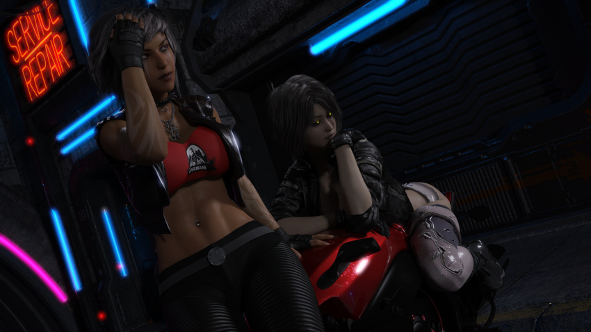 2020 2girls 3d abs clothed clothing dark-skinned_female dark_skin female female_only glowing_eyes kokoro3dx kokoro_(artist) kokoro_(kokoro3dx) large_breasts markings motorcycle multiple_girls navel_piercing original original_character original_characters outdoor outdoors outside pale-skinned_female pale_skin public slushe_(website) tamara_(kokoro3dx)