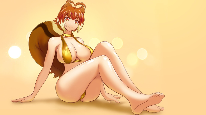 animal_ears blazblue breasts brown_hair cleavage female female highres large_breasts makoto_nanaya one-piece_swimsuit short_hair sideboob sitting squirrel_ears squirrel_tail swimsuit tail taobaka white_hair