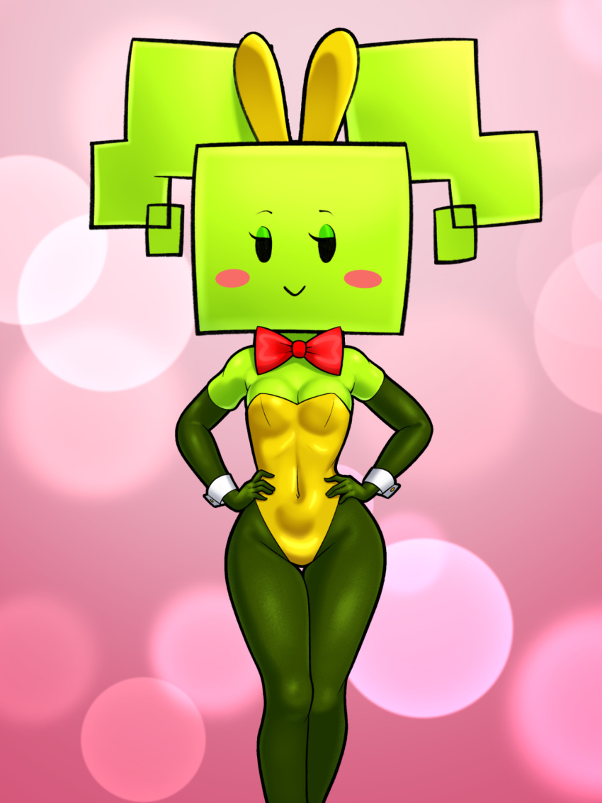 1girls 2022 2d :> bowtie bunny_ears bunnysuit clothed clothing elbow_gloves female female_focus female_only gloves green-skinned_female green_body green_skin hands_on_hips hi_res highres looking_at_viewer mario_(series) mimi_(super_paper_mario) mob_face navel nintendo paper_mario pink_background png portrait pose posing simple_background sleepiitreat small_breasts solo solo_female solo_focus standing thighs twintails video_games wide_hips wrist_cuffs