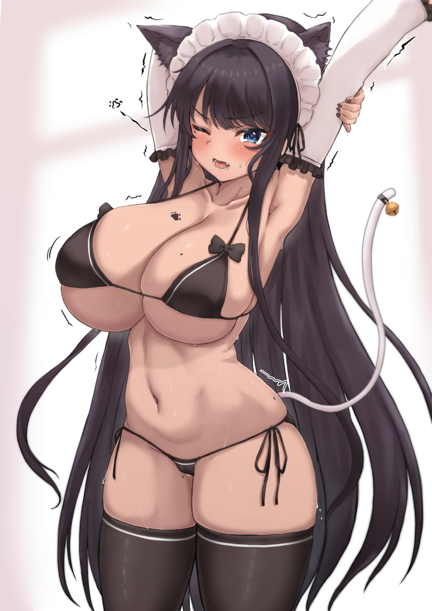 animal_ears arm_up armpits bikini black_hair black_legwear blue_eyes blush breasts cat_ears cat_tail cleavage dark-skinned_female dark_skin elbow_gloves female female_only gloves highres huge_breasts mole navel one_eye_closed original sho_(wnmf3234) skindentation solo swimsuit tail tan thighhighs white_gloves