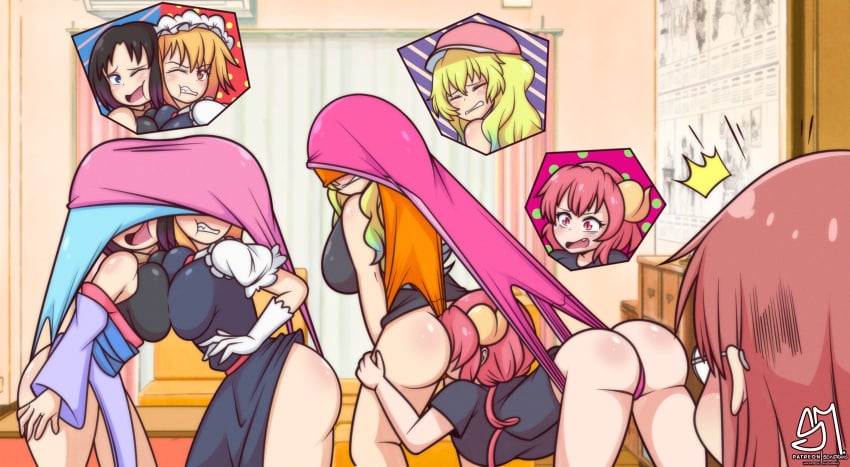 5girls ass atomic_wedgie big_ass blue_panties blush breast_press breasts elma_(dragon_maid) embarrassed female female_only ilulu_(dragon_maid) kobayashi lucoa miss_kobayashi's_dragon_maid multiple_girls orange_panties panties panty_pull pink_panties quetzalcoatl_(dragon_maid) semidraws tohru_(dragon_maid) wedgie