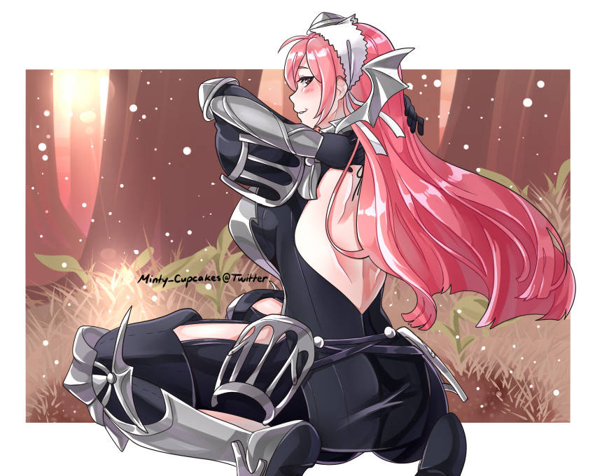 1girls armor ass back back_turned back_view backless_outfit bangs bare_back bare_thighs big_ass breasts brown_eyes cherche_(fire_emblem) closed_mouth female female female_only fire_emblem fire_emblem_awakening forest headdress highres kneeling large_breasts long_hair looking_at_viewer looking_back minty_cupcakes nature nintendo outdoors pink_hair solo thighs