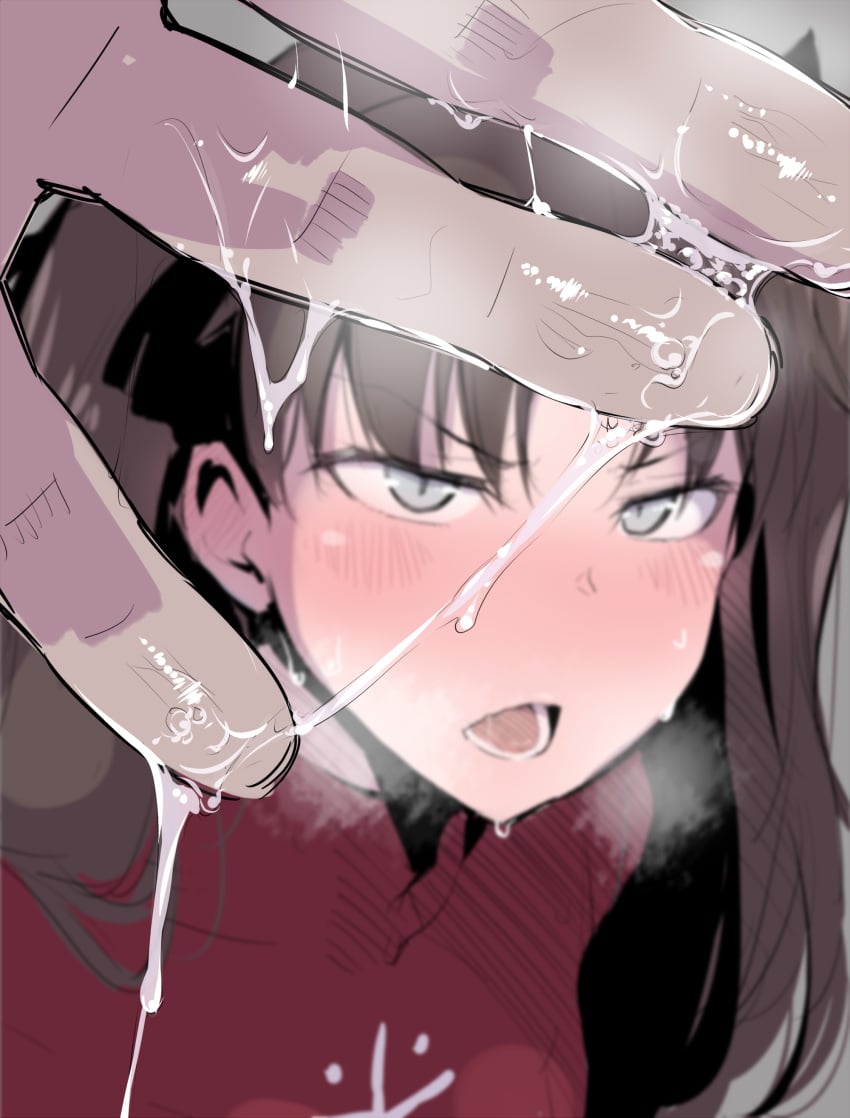 absurdres after_fingering amo_takumi blue_eyes blush fate/stay_night fate_(series) female green_eyes highres long_hair looking_at_viewer open_mouth pussy_juice pussy_juice_on_fingers pussy_juice_on_hand pussy_juice_trail red_sweater sweat sweater tohsaka_rin