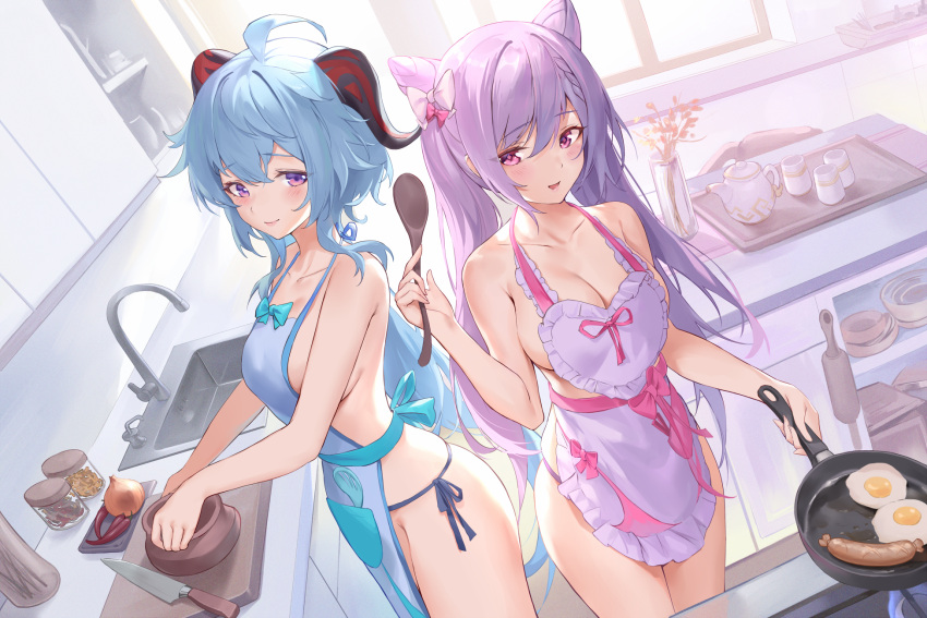 2girls ahoge alternate_breast_size apron bare_arms bare_shoulders blue_hair blush breasts cleavage collarbone cone_hair_bun cooking egg_(food) frilled_apron frills frying_pan ganyu_(genshin_impact) genshin_impact goat_horns hair_bun halterneck holding horns hot_dog keqing_(genshin_impact) kitchen large_breasts long_hair looking_at_viewer multiple_girls naked_apron open_mouth pdxen pink_eyes purple_eyes purple_hair sausage skindentation smile thighs twintails very_long_hair