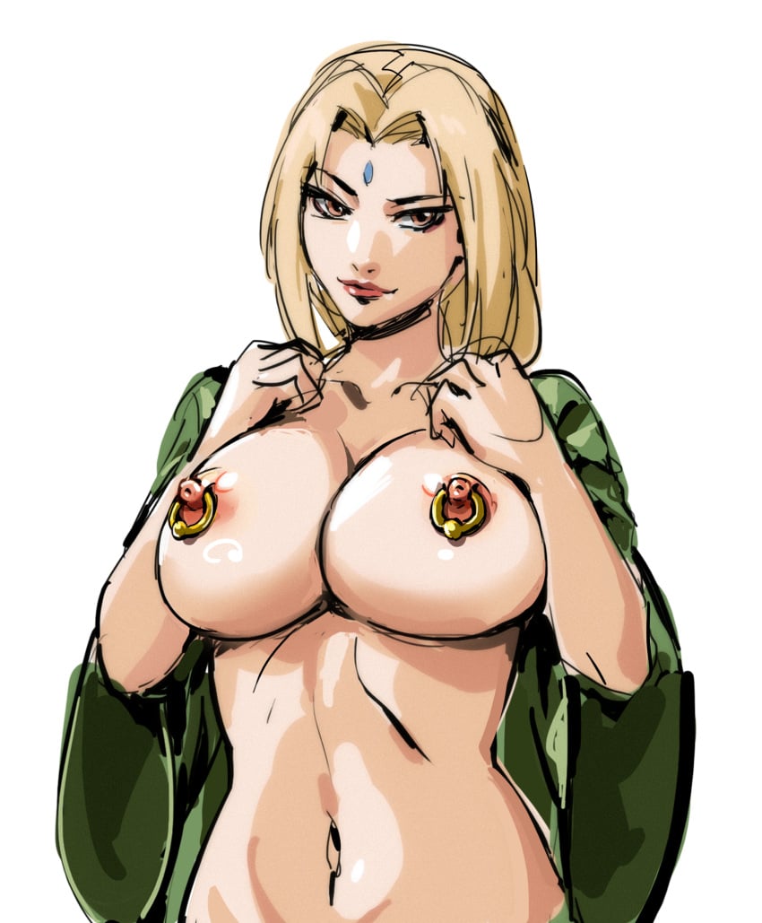 1girls big_breasts blonde_hair breasts breasts_out brown_eyes female female_only haori long_hair mature mature_female naruto naruto_(series) naruto_shippuden nipple_rings nipples solo solo_female solo_focus tsunade upper_body voluptuous wumu