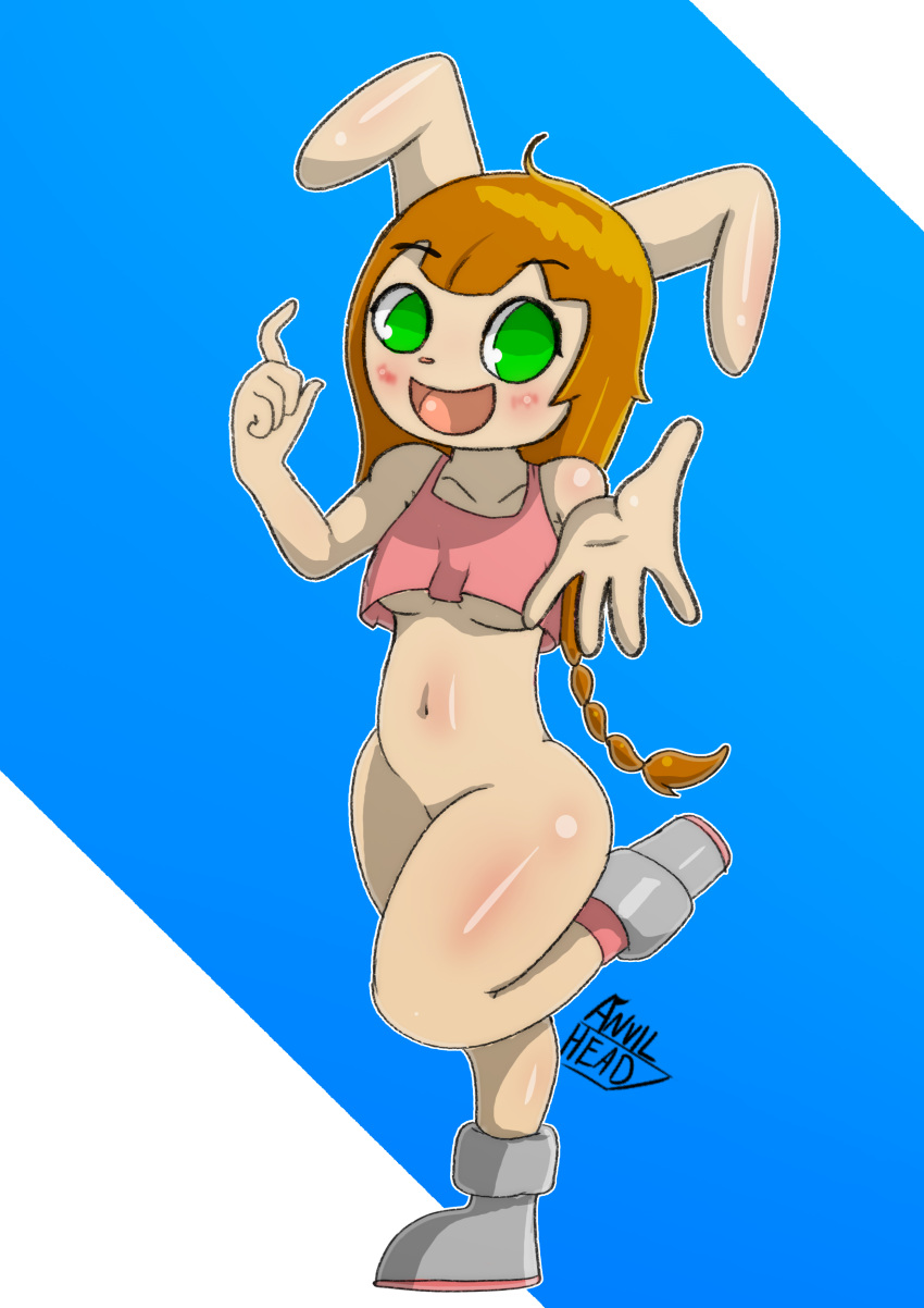 anthro anvil_head belly belly_button blushing boots bottomless braids crop_top cute exposed_belly furry green_eyes happy mimi_(pop'n_music) pink_socks pink_topwear pop'n_music rabbit rabbit_ears rabbit_girl rabbit_humanoid short_socks tummy young younger_female